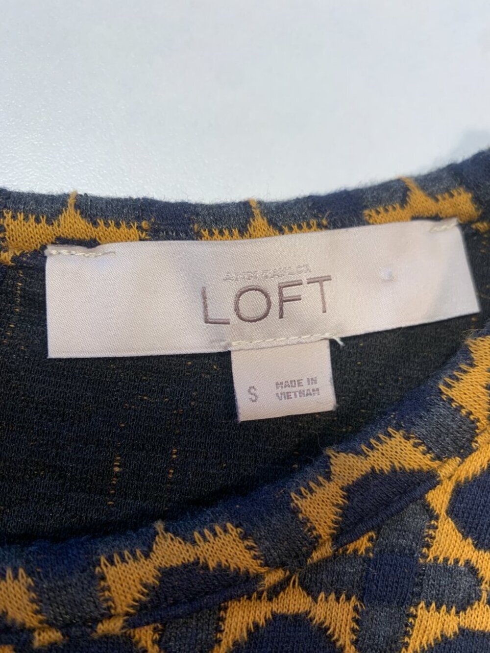 LOFT Geometric Print Shift Dress Mustard Navy Short Sleeve Small Boho Retro - Picture 7 of 10